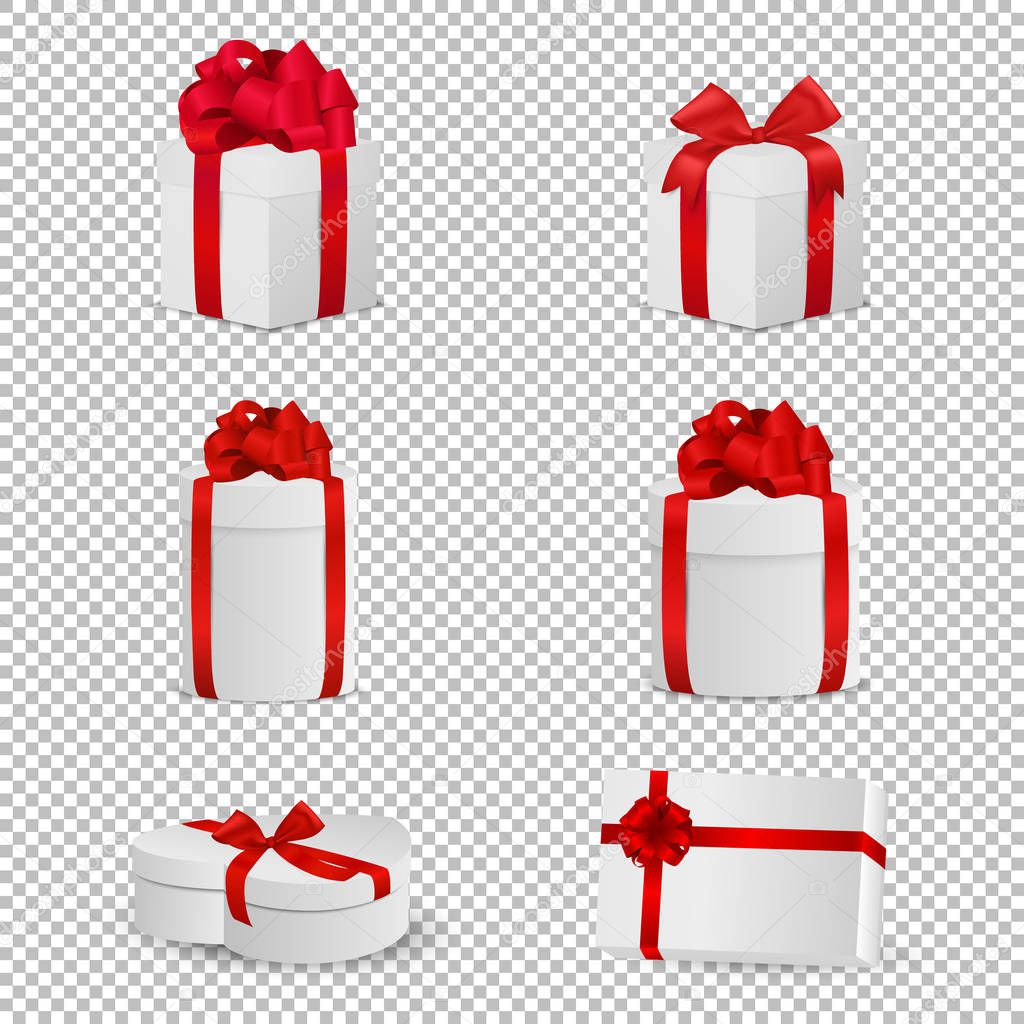 Vector white gift box with red bow set isolated on transparent background. Design template in EPS10.