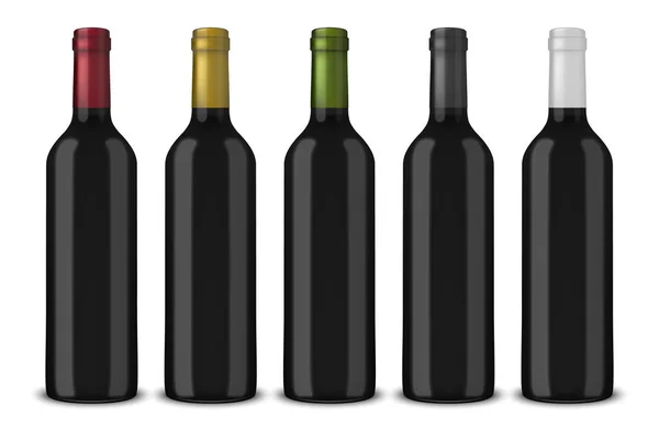 Set 5 botellas de vino negro vectorial realista sin etiquetas aisladas sobre fondo blanco. Plantilla de diseño en EPS10 . — Vector de stock