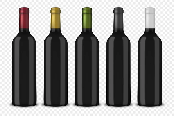 Set de 5 botellas de vino negro vectorial realista sin etiquetas aisladas sobre fondo transparente. Plantilla de diseño en EPS10 . — Vector de stock