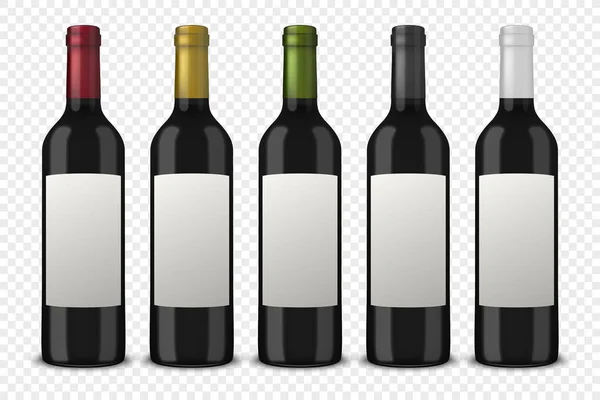 Set de 5 botellas de vino negro vectorial realista sin etiquetas aisladas sobre fondo transparente. Plantilla de diseño en EPS10 . — Vector de stock