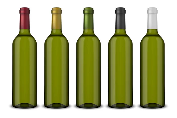 Set 5 botellas de vino verde vectorial realistas sin etiquetas aisladas sobre fondo blanco. Plantilla de diseño en EPS10 . — Vector de stock