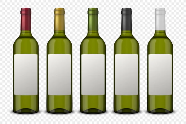Set 5 botellas de vino verde vectorial realistas con etiquetas blancas aisladas sobre fondo transparente. Plantilla de diseño en EPS10 . — Vector de stock