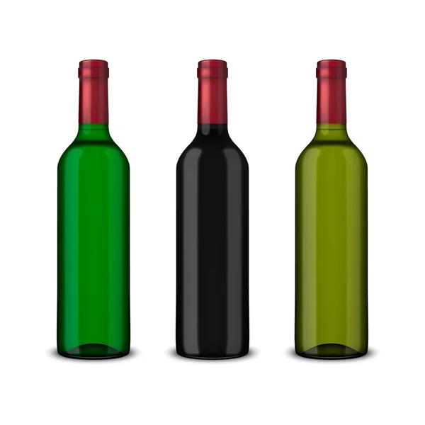 Set de 3 botellas vectoriales realistas de vino sin etiquetas aisladas sobre fondo blanco. Plantilla de diseño en EPS10 . — Vector de stock