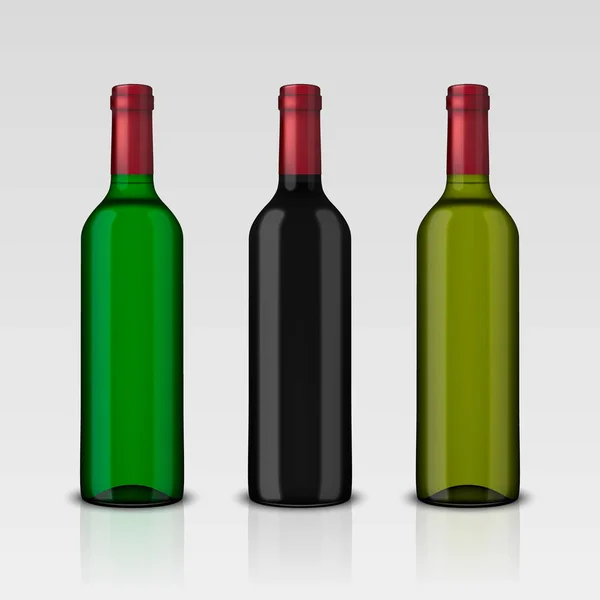 Set de 3 botellas vectoriales realistas de vino sin etiquetas aisladas sobre fondo blanco. Plantilla de diseño en EPS10 . — Vector de stock