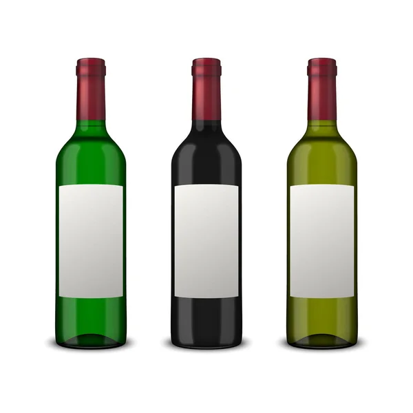 Set de 3 botellas vectoriales realistas de vino con etiquetas en blanco aisladas sobre fondo blanco. Plantilla de diseño en EPS10 . — Vector de stock