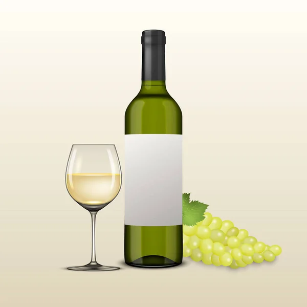 Vector de uvas realistas brunch, copa de vino y botella de vino blanco illustartion. Plantilla de diseño en EPS10 . — Vector de stock
