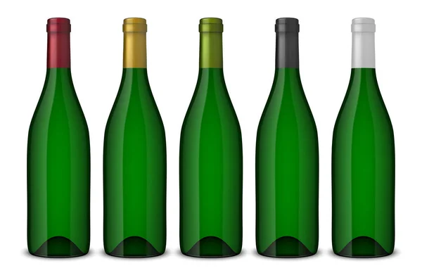 Set 5 botellas de vino verde vectorial realistas sin etiquetas aisladas sobre fondo blanco. Plantilla de diseño en EPS10 . — Vector de stock