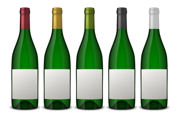 Set de 5 botellas de vino verde vectorial realista con etiquetas blancas aisladas sobre fondo blanco. Plantilla de diseño en EPS10 . — Vector de stock