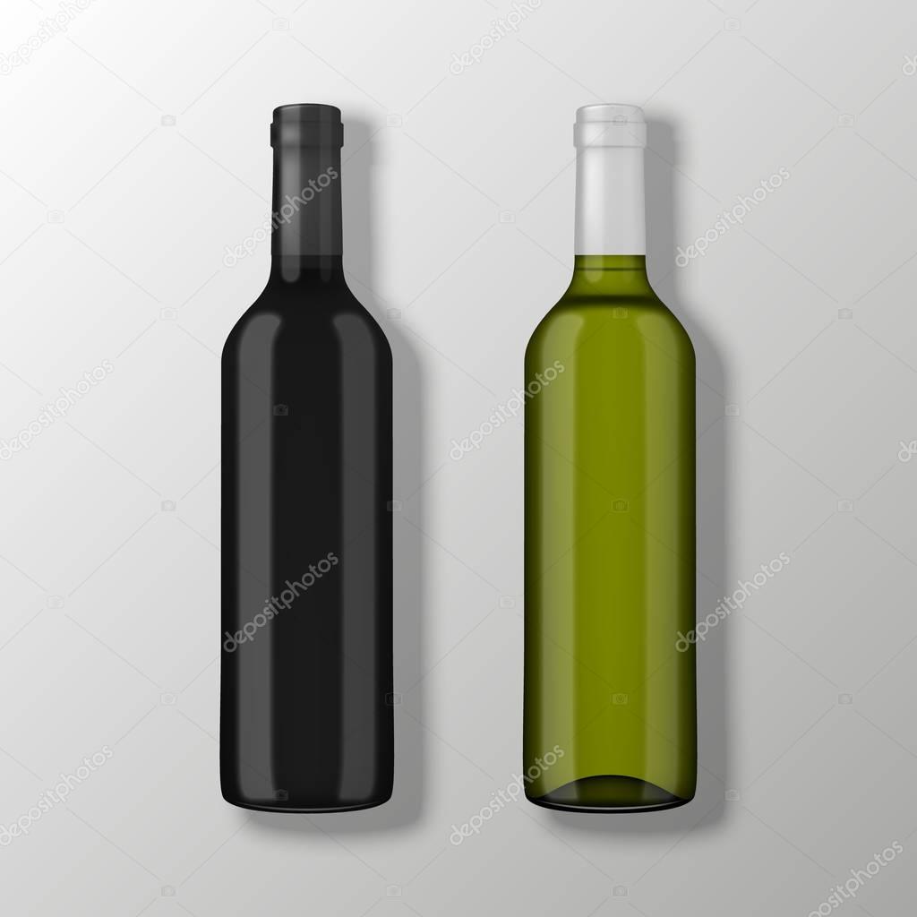 Two realistic vector wine bottles in top view without labels on gray background. Design template in EPS10.