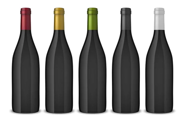 5 botellas de vino negro de vectores realistas sin etiquetas aisladas sobre fondo blanco. Plantilla de diseño en EPS10 . — Vector de stock