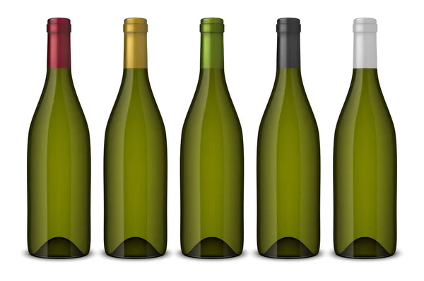 5 botellas de vino verde vector realista sin etiquetas aisladas sobre fondo blanco. Plantilla de diseño en EPS10 . — Vector de stock