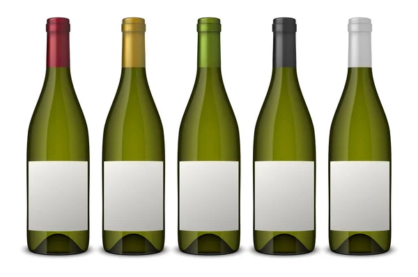 5 bouteilles de vin vert vecteur réalistes avec des étiquettes blanches isolées sur fond blanc. Modèle de conception dans EPS10 . — Image vectorielle