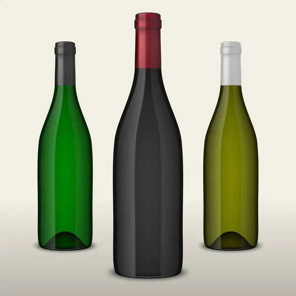 Conjunto de tres botellas de vino vectoriales realistas sin etiquetas aisladas sobre fondo blanco. Plantilla de diseño en EPS10 . — Vector de stock