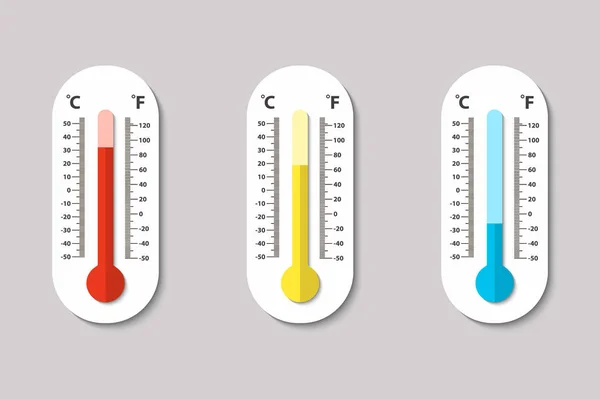 Iconos vectoriales de termómetros de meteorología Celsius y Fahrenheit que miden el calor, normal y frío en estilo plano. Plantilla de diseño en EPS10 . — Archivo Imágenes Vectoriales