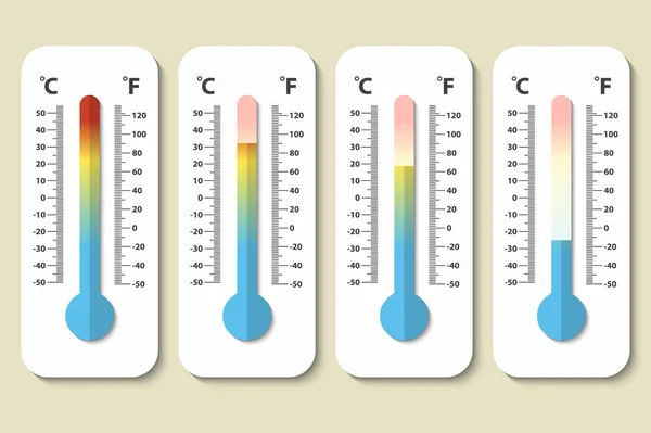 Iconos vectoriales de termómetros de meteorología Celsius y Fahrenheit que miden el calor, normal y frío en estilo plano. Plantilla de diseño en EPS10 . — Vector de stock