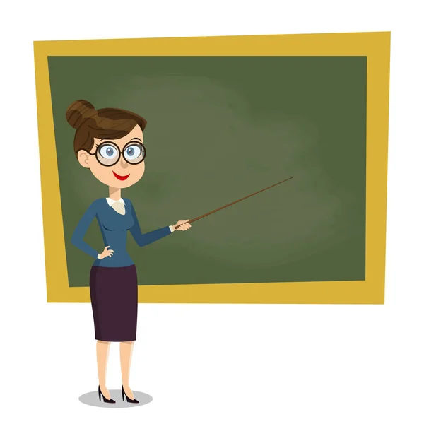 Vektor-Cartoon lächelnde Lehrerin mit Zeiger auf Unterricht an der Tafel im Klassenzimmer, die an Bord gezeigt wird. Designvorlage in eps10. — Stockvektor