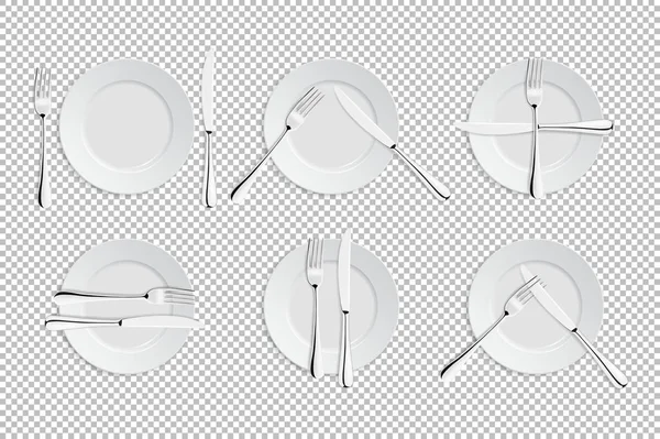 Talheres vetoriais realistas e sinais de etiqueta de mesa. Instalações de restauração ícones isolados. Conjunto de garfos, facas de mesa e pratos. Ilustração de utensílios de mesa para cafés, restaurantes etc. . —  Vetores de Stock