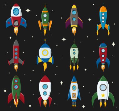 Düz bir tarzda vektör retro boşluk roket gemisi Icon set. Tasarım öğeleri için arka plan proje başlangıç ve gelişim süreci, yaratıcı fikir vb ile.