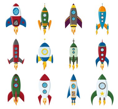 Düz bir tarzda vektör retro boşluk roket gemisi Icon set. Tasarım öğeleri için arka plan proje başlangıç ve gelişim süreci, yaratıcı fikir vb ile.