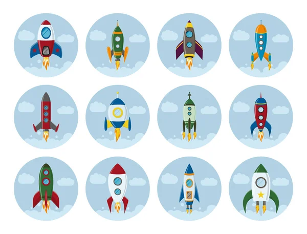 Vector retro cohete espacial icono de la nave en un estilo plano. Elementos de diseño para antecedentes con proceso de puesta en marcha y desarrollo de proyectos, idea creativa, etc. . — Archivo Imágenes Vectoriales