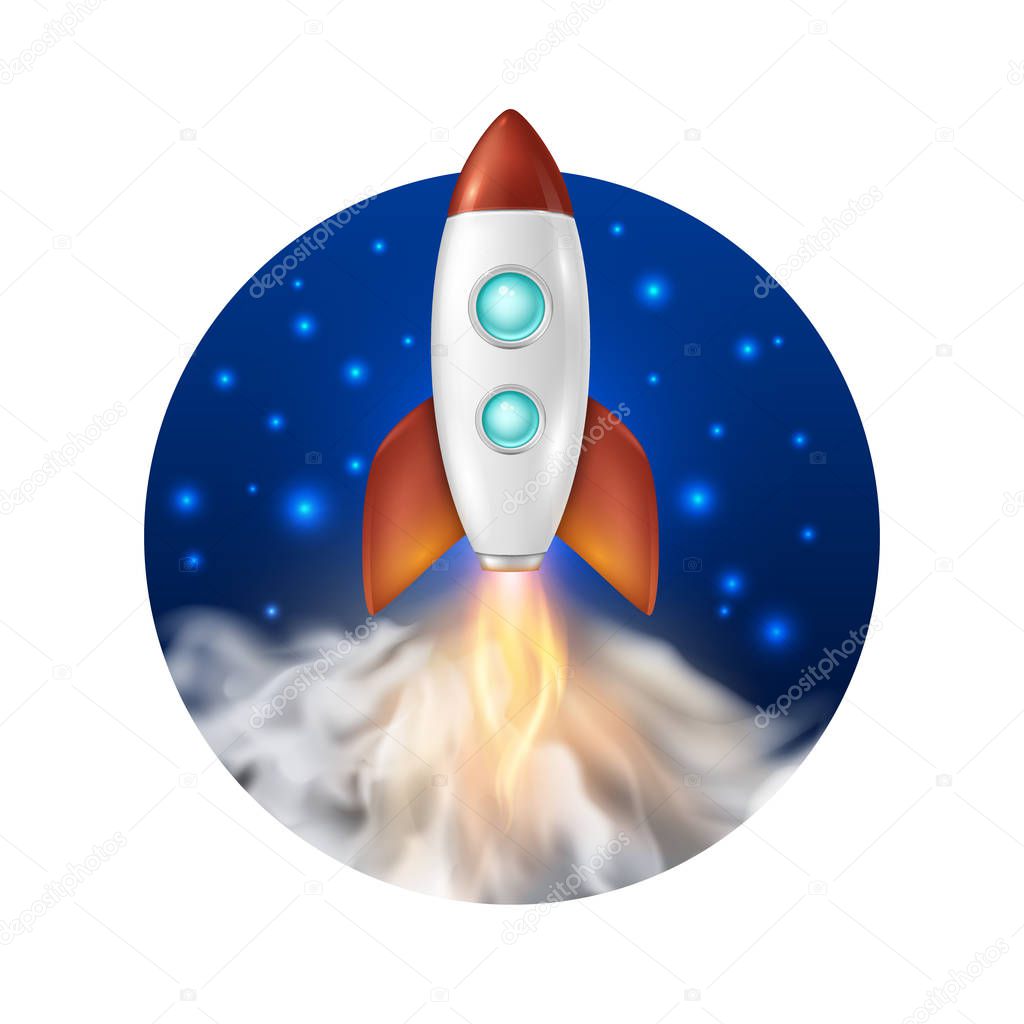 Vector background with retro space rocket ship launch, Template for project start up and development process, creative idea etc.