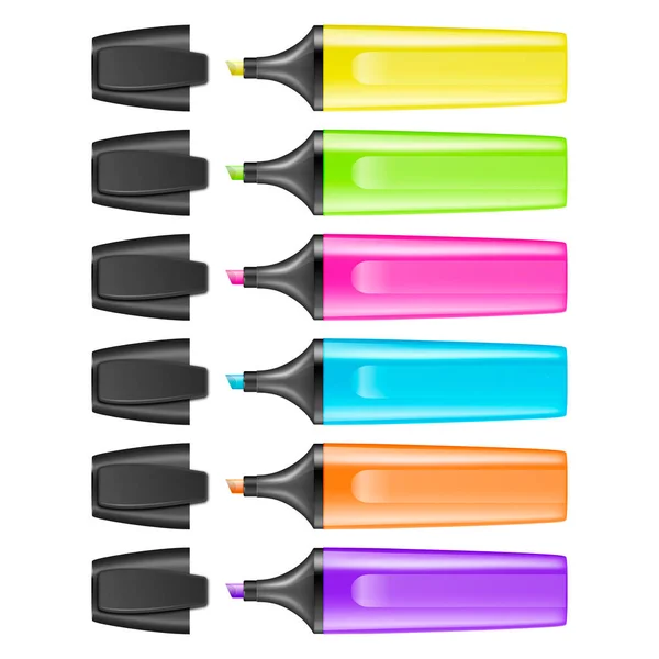 Gerçekçi vektör fosforlu kalem kalem simgesi üzerinde izole beyaz arka plan ayarlayın. Renkli metin işaretçileri. Eps10 tasarım şablonu. — Stok Vektör