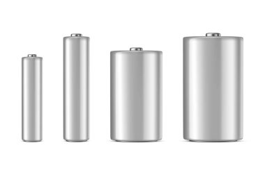 Vektör gerçekçi beyaz alkalin batteriy Icon set. Diffrent boyut - Aaa, Aa, C, D. tasarım şablonu marka, mockup için. Beyaz arka plan üzerinde izole kapatmak.