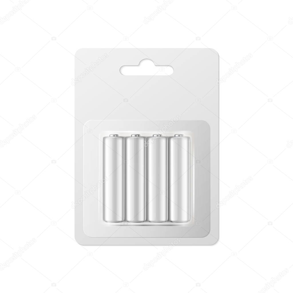 Vector realistic white alkaline AA batteries in blister packed icon set. Design template for branding, mockup. Closeup isolated on white background.