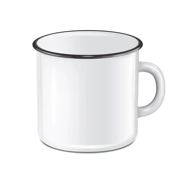 Taza de metal blanco de esmalte realista vectorial aislada sobre fondo blanco. plantilla de diseño EPS10 para Mock up . — Vector de stock