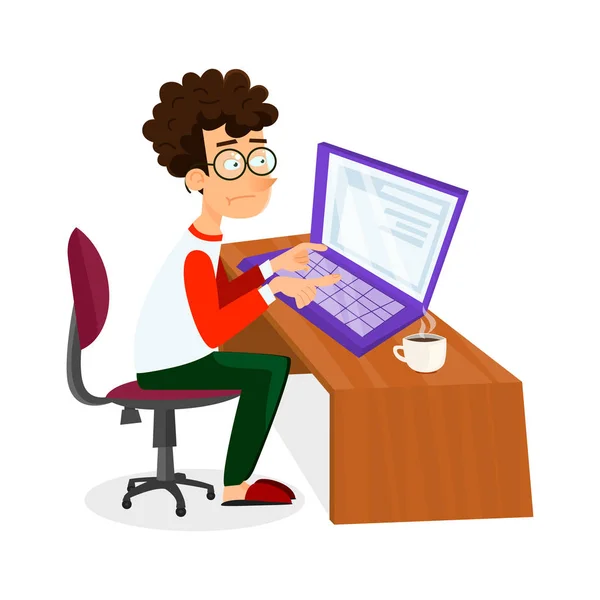 矢量卡通漫画年轻程序员的人正在与笔记本电脑。学生在学习过程或搜索的工作坐在家里的 Eps10 插图. — 图库矢量图片