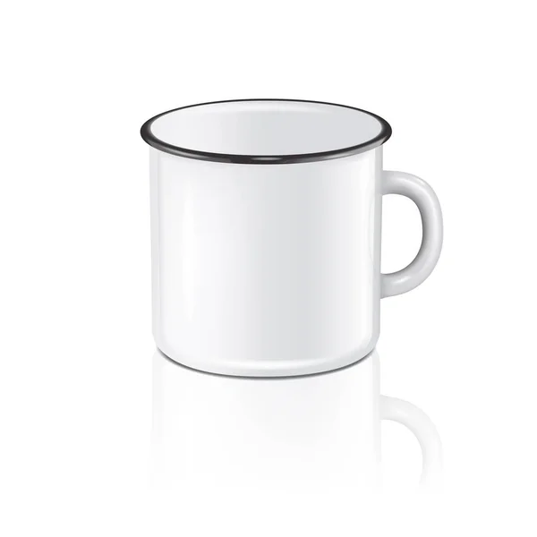 Caneca branca de metal esmalte realista vetorial com reflexão isolada no fundo branco. Modelo de design EPS10 para Mock up . —  Vetores de Stock