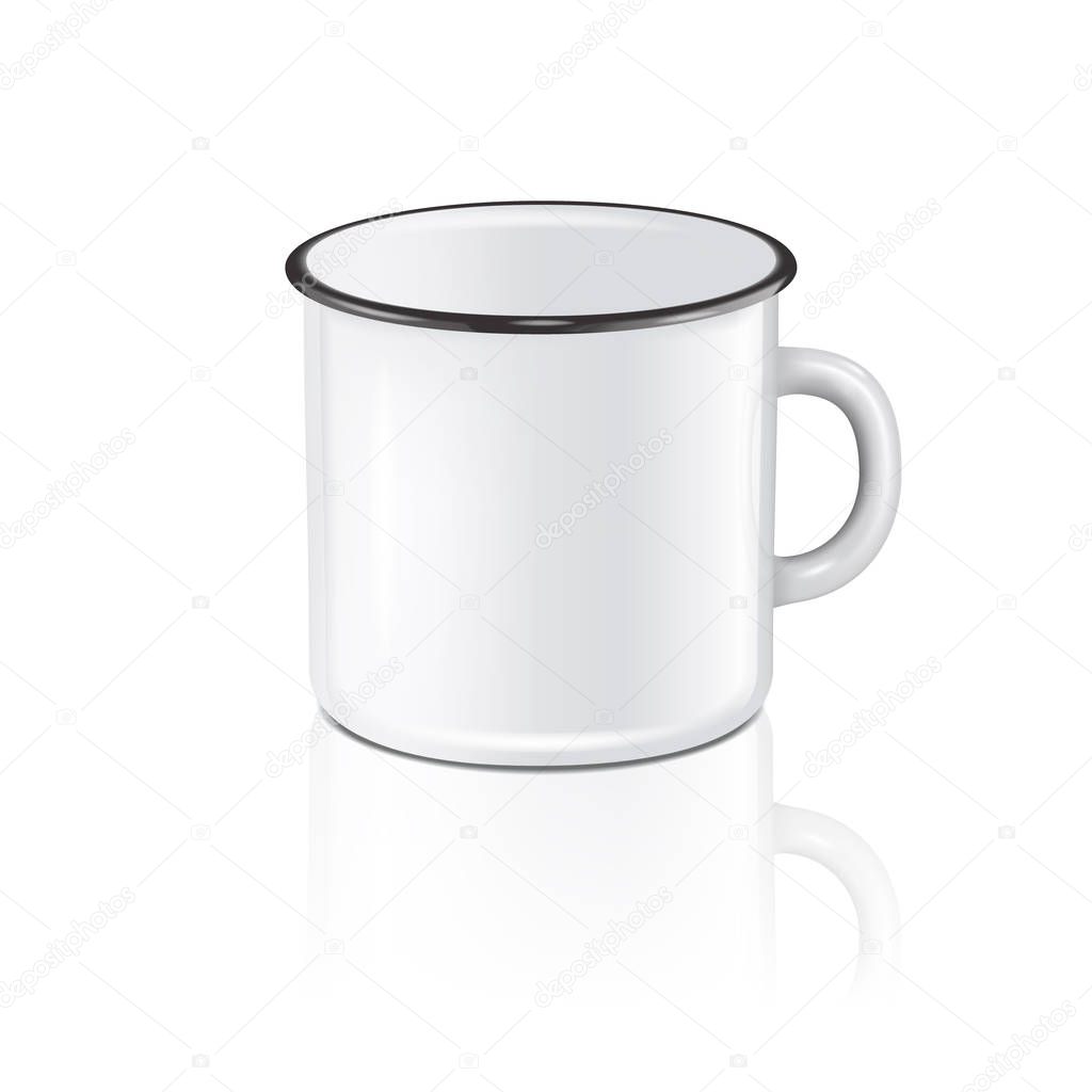 Vector realistic enamel metal white mug with reflection isolated on white background. EPS10 design template for Mock up.