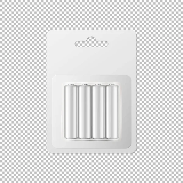 Baterias AA alcalinas brancas realistas de vetores em conjunto de ícones embalados em blister. Modelo de design para branding, mockup. Fechar isolado sobre fundo transparente . — Vetor de Stock
