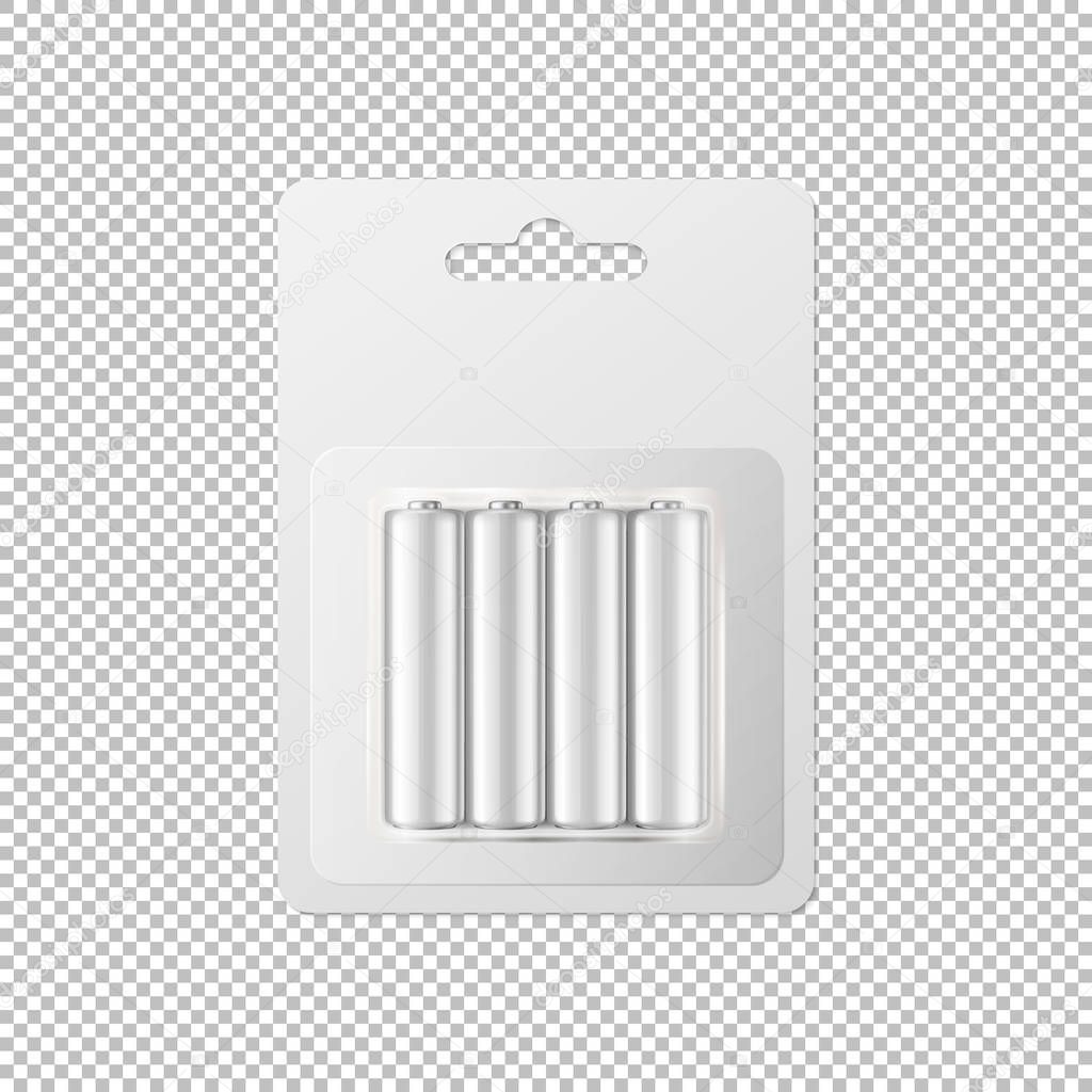 Vector realistic white alkaline AA batteries in blister packed icon set. Design template for branding, mockup. Closeup isolated on transparent background.