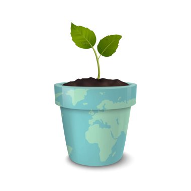 Ekoloji kavramı. Dünya günü, dünya çevre günü, Earth kaydetmek veya yeşil gün. Vektör arka plan beyaz arka plan üzerinde izole dünyanın bir baskı ile bir çiçek tencerede Filiz ile. Eps10.