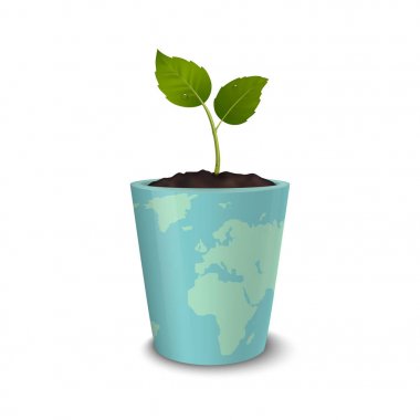 Ekoloji kavramı. Dünya günü, dünya çevre günü, Earth kaydetmek veya yeşil gün. Vektör arka plan beyaz arka plan üzerinde izole dünyanın bir baskı ile bir çiçek tencerede Filiz ile. Eps10.