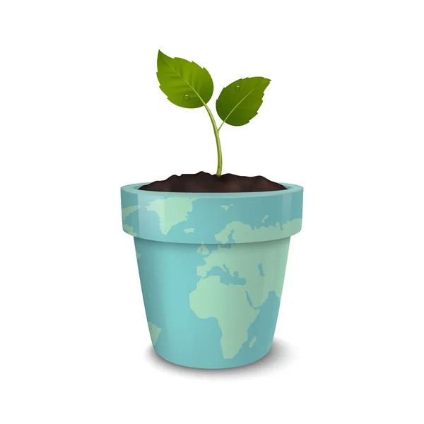 生态学的概念。地球日、 世界环境日、 拯救地球或绿色的一天。矢量背景与发芽的地球，隔绝在白色背景上印着的花盆。Eps10. — 图库矢量图片