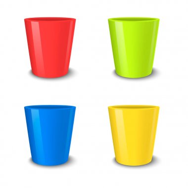 Gerçekçi vektör boş saksıyı ayarla, parlak renkler - kırmızı, yeşil, mavi ve sarı. Beyaz arka plan üzerinde izole kapatmak. Marka, mockup için şablon tasarlayın. Eps10.