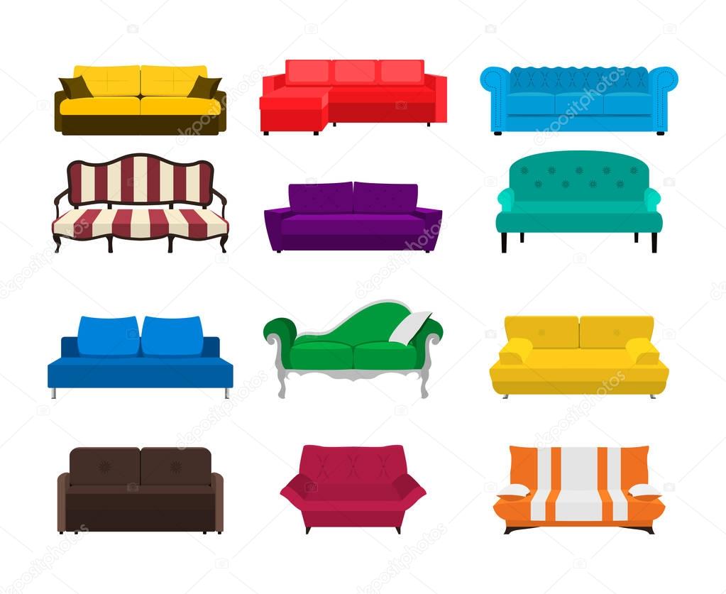 Vector sofa set icon. Colored collection isolated on white background. Templates for interior design. EPS8 illustration.