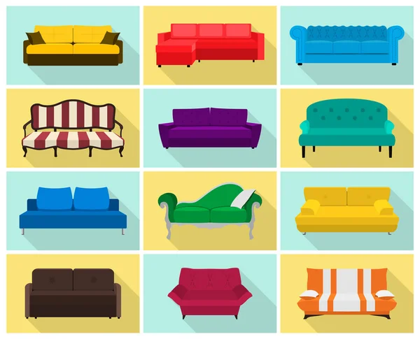 Conjunto de ícones de sofá vetorial. Coleção colorida em estilo plano com sombras longas. Modelos para design de interiores. Ilustração do EPS10 . — Vetor de Stock