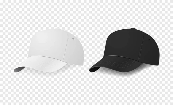 白と黒の野球キャップ アイコンを設定。デザイン テンプレートはベクトルのクローズ アップ。ブランディングのためのモックアップとの分離の透明な背景を宣伝. — ストックベクタ