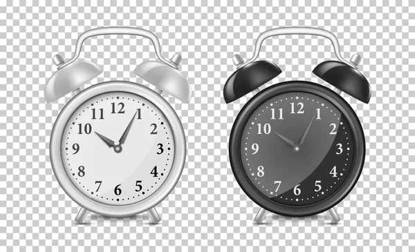 White and black alarm clock icon set. Design template closeup in vector. Mock-up for branding and advertise isolated on transparent background. — Stock Vector