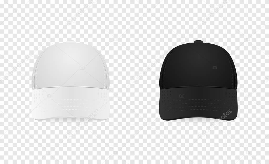White and black baseball cap icon set. Front view. Design template closeup in vector. Mock-up for branding and advertise isolated on transparent background.