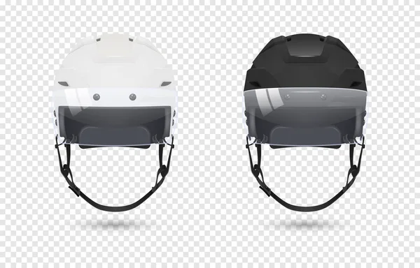 Realistic classic ice hockey helmets with visor set - black and white color. Isolated on transparent background. Front view. Design template closeup in vector. Mock-up for branding and advertise etc. — Stock Vector