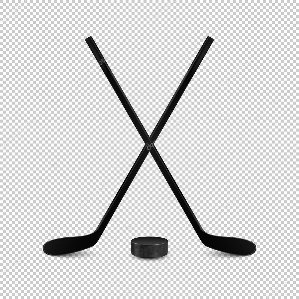 Illustration of sports set - two realistic crossed hockey sticks and puck. Design templates in vector. Closeup isolated on transparent background.