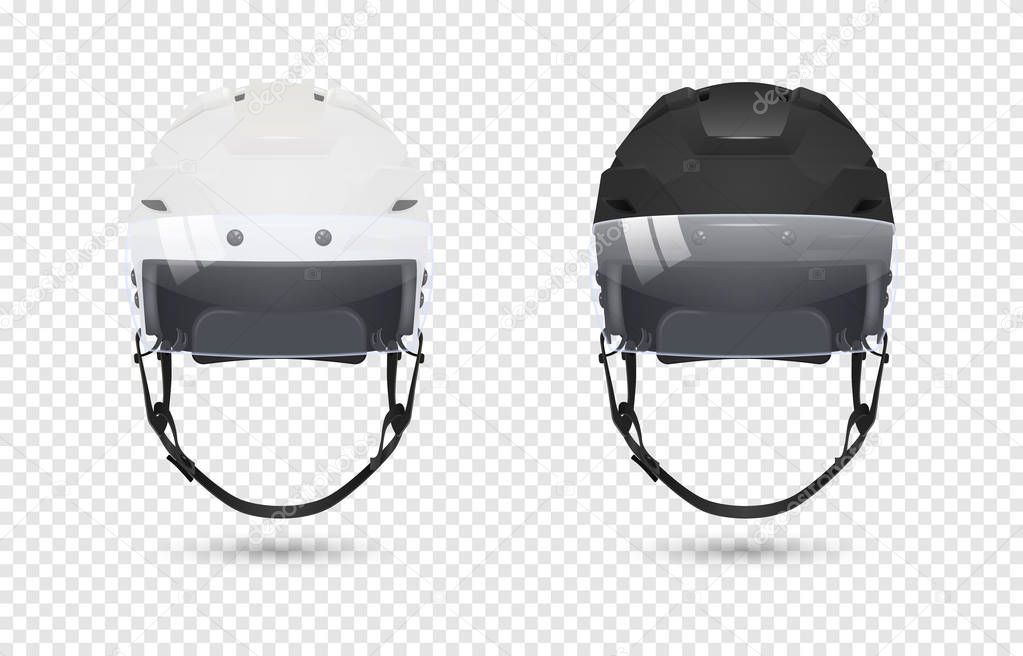 Realistic classic ice hockey helmets with visor set - black and white color. Isolated on transparent background. Front view. Design template closeup in vector. Mock-up for branding and advertise etc.