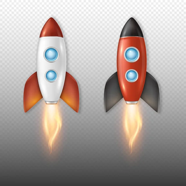Vector realista cohete espacial retro lanzamiento icono conjunto aislar sobre fondo transparente. Plantilla para el proceso de puesta en marcha y desarrollo del proyecto, idea creativa, etc. . — Vector de stock