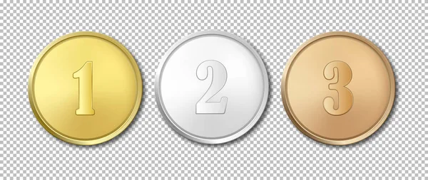 Realistic vector gold, silver and bronze award medals icon set isolated on transparent background. Design templates. The first, second, third prizes. — Stock Vector