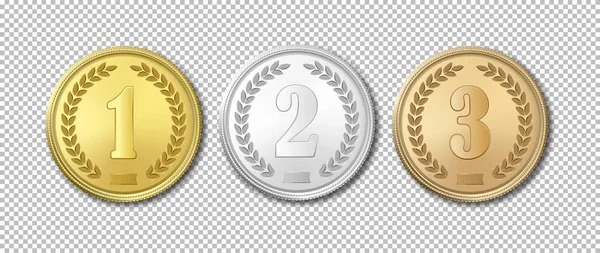 Realistická vektorová zlaté, stříbrné a bronzové ocenění medaile sady ikon, které jsou izolovány na průhledné pozadí. Šablony návrhů. První, druhý, třetí ceny. — Stockový vektor