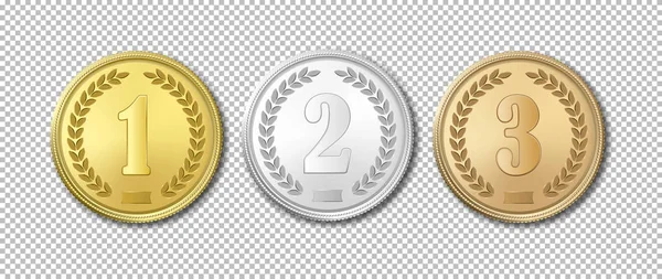 Vector realista oro, plata y bronce premio medallas icono conjunto aislado sobre fondo transparente. Plantillas de diseño. El primer, segundo, tercer premio . — Vector de stock